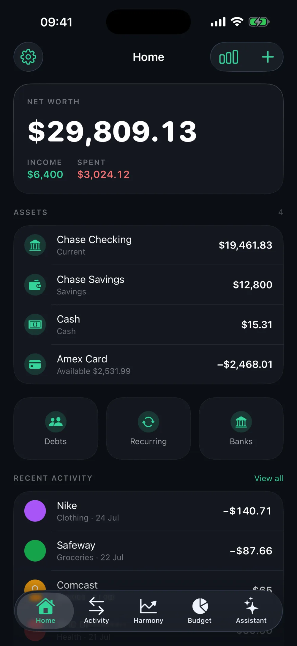 ElixirFinance — Home: net worth, accounts and recent activity